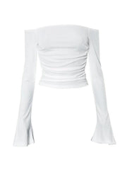 Solid Off Shoulder Shirred Trumpet Sleeve Long Sleeve Tee