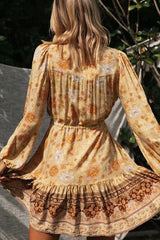 Flowy Bohemian Print Button Front V Neck Midi Dress