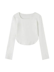 Solid Square Neck Curvy Hem Long Sleeve Tee
