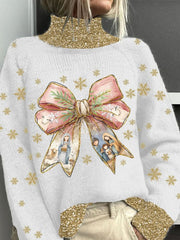 Christmas Let's Adore Him Print Casual Turtleneck Top