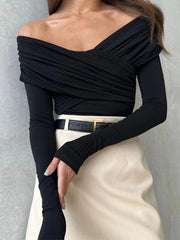 Solid Crossover Pleated Long Sleeve Tee