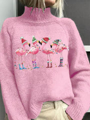 Lovely Christmas Flamingo Art Print Knit Turtleneck Pullover Sweater