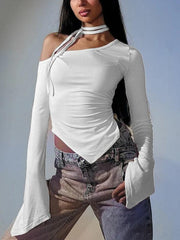 Solid Slanted Neck Ruched Irregular Hem Long Sleeve Tee