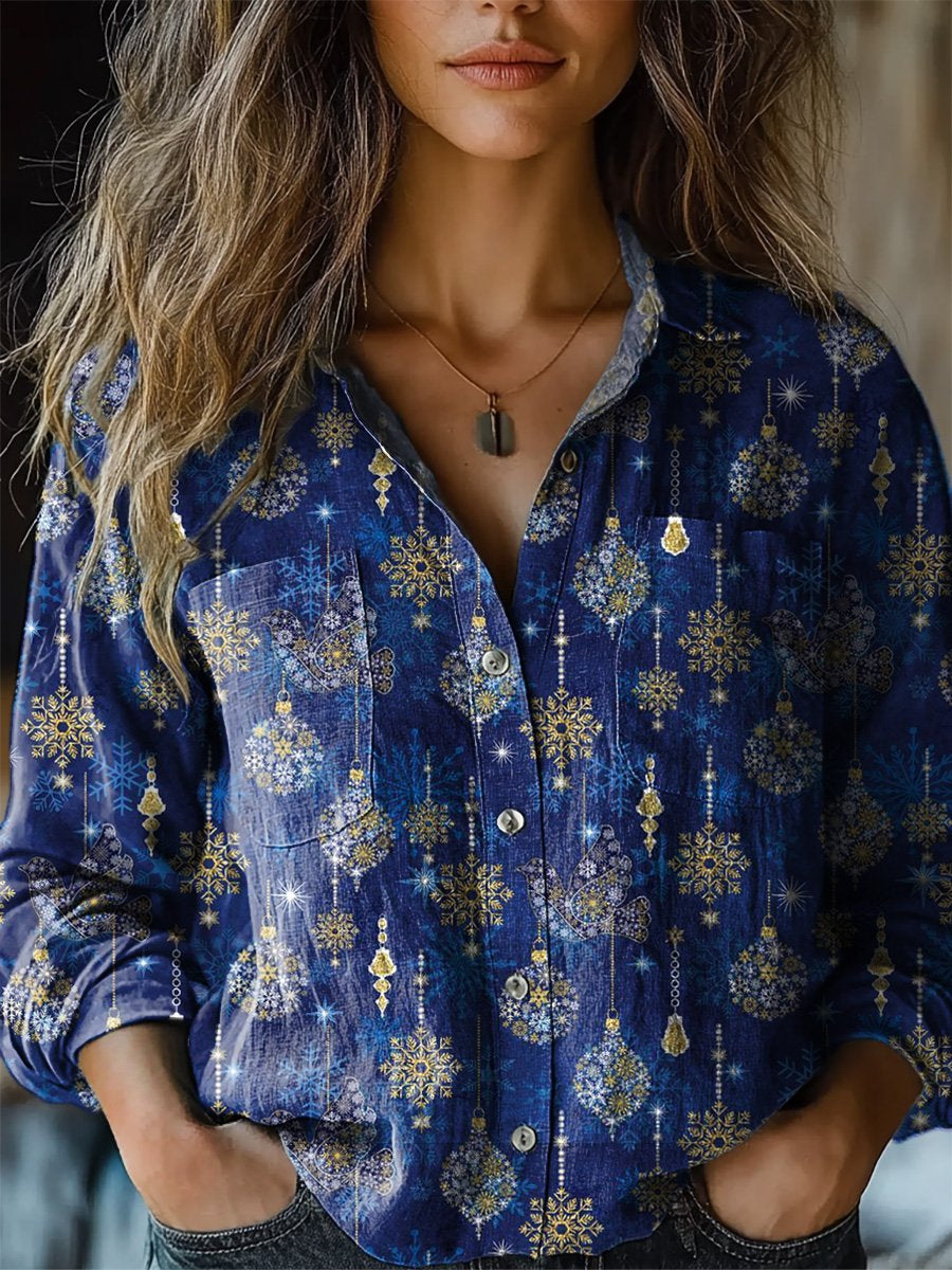 Christmas Decoration Pattern Printed Casual Long Sleeve Comfortable Cotton Shirt