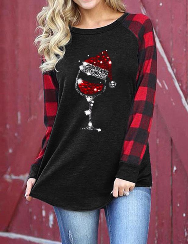 Christmas Hat Wine Plaid Splicing Long Sleeve Blouse