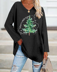 Merry And Bright Christmas Tree🎄 Print Casual Long-Sleeve T-Shirt