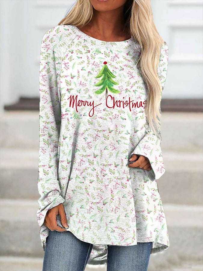 Merry Christmas Tree Print Long T-Shirt