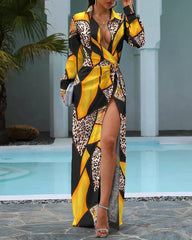 Cheetah Print Colorblock Twisted High Slit Shirt Dress