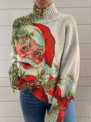 Vintage Christmas Print Knit Turtleneck Pullover Sweater