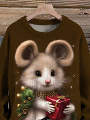 Oil Painting Mouse And Christmas Present Art Printed Knit Pullover Sweater