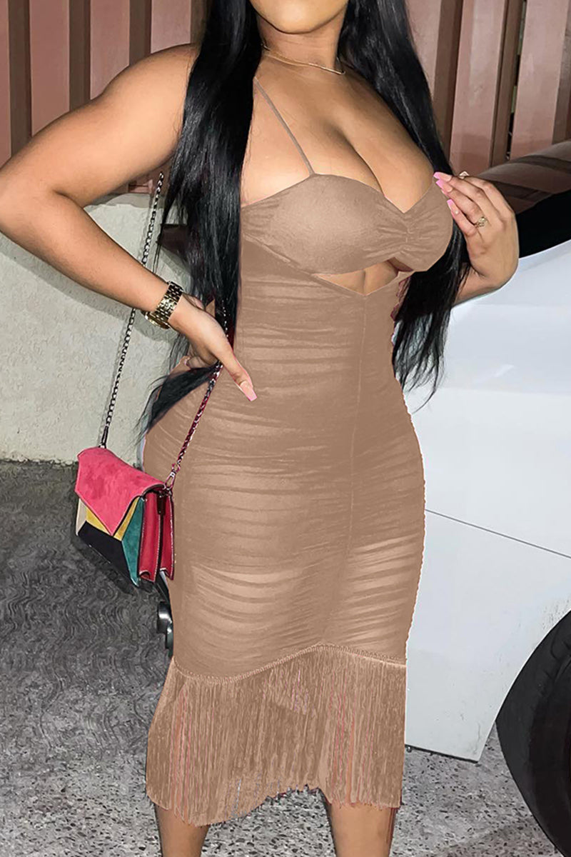 Mesh Insert Cut Out Fringe Trim Cami Dress