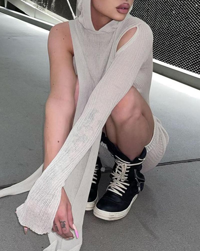 Solid Rib-Knit Cut Out Asymmetrical Hem Hooded Mini Dress
