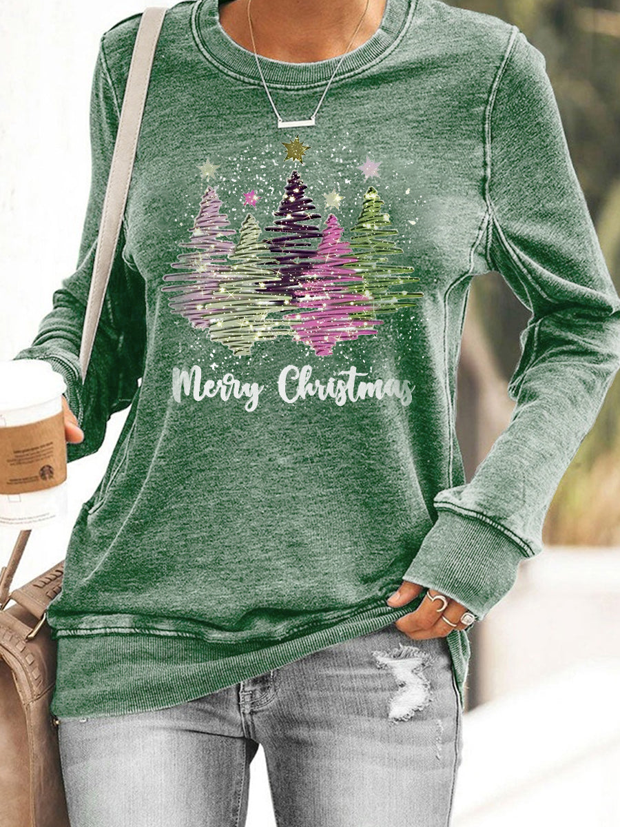 Merry Christmas Shiny Tree Print Slim-Fit Sweatshirt