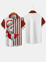 Christmas Elements Retro Red And White Stitching Santa Claus Printing Short Sleeve Shirt