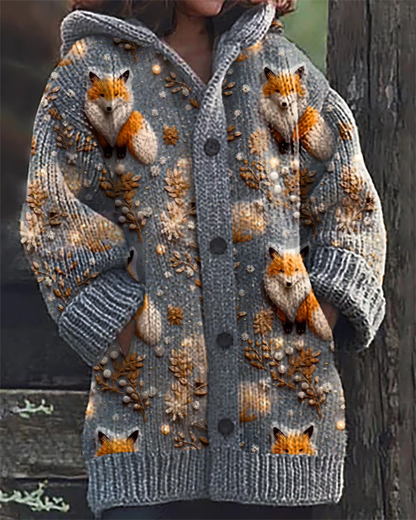 Christmas Eve Animal Fox Print Hooded Cardigan