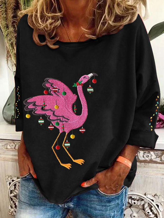 Christmas Colorful Lights Flamingo Holiday Long-Sleeve Top