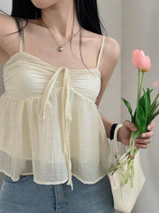 Tie-Front Ruched See-Through Mesh Crop Cami Top