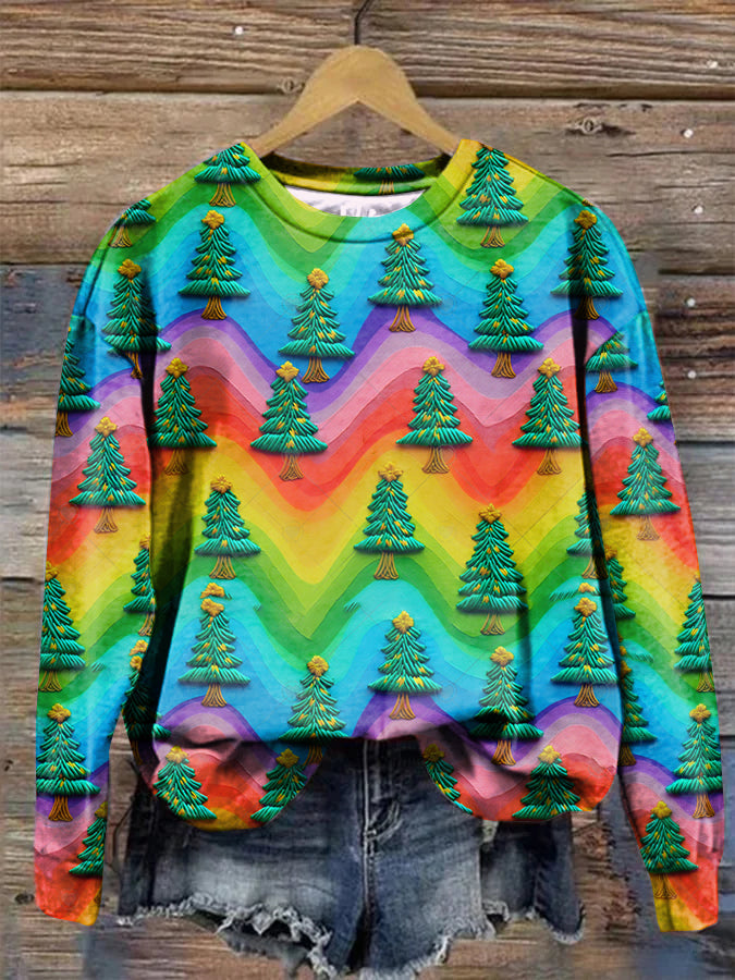 Christmas Colorful Christmas Tree Crew Neck Casual Sweatshirt
