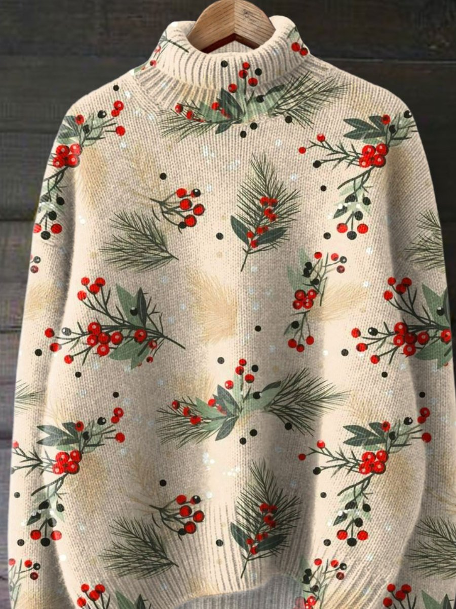 Winter Christmas Vintage Cute Art Print Knit Turtleneck Pullover Sweater