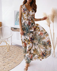 Tropical Print Tied Detail Cutout Back Maxi Dress