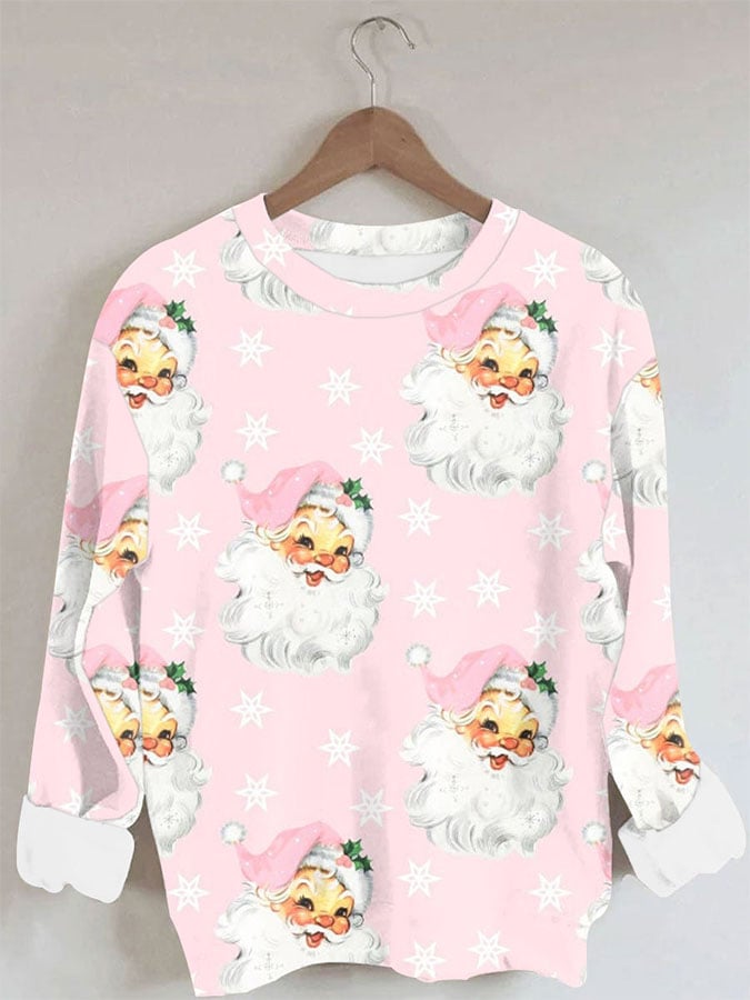 Christmas Retro Pink Santa Print Sweatshirt