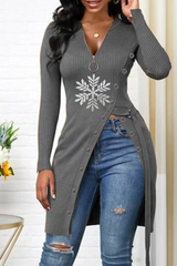 Red Street Snowflakes Zipper V Neck T-Shirts