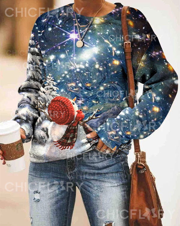 Christmas Snowman and Starry Sky Meet Print Sweatshirt