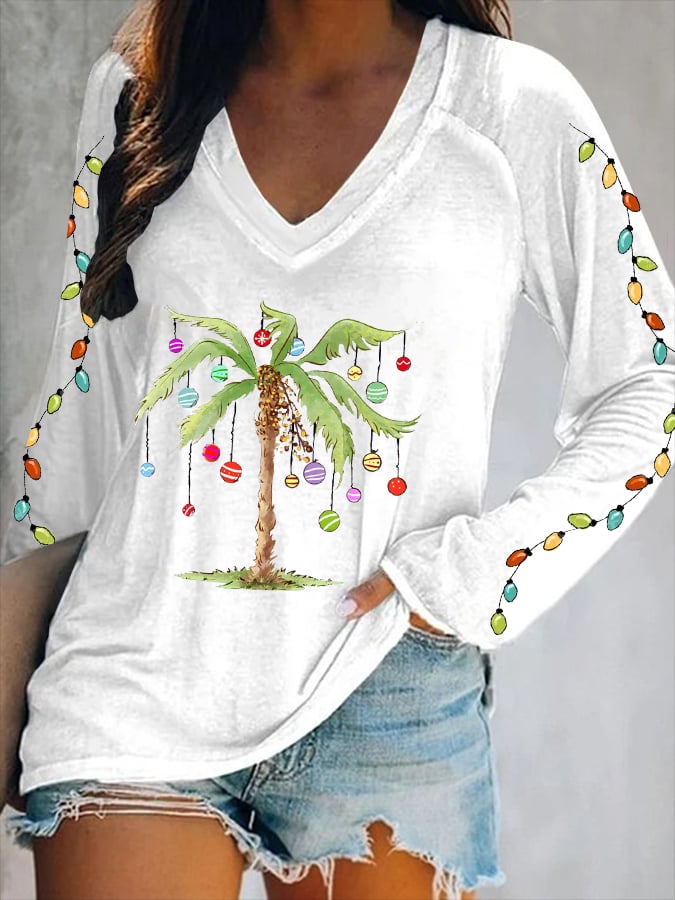 Christmas Palm Tree Print V-Neck T-Shirt