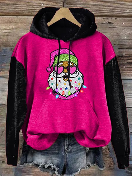 Pink Sparkly Santa Color Block Casual Hooded Sweatshirt