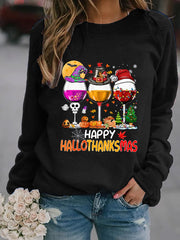Happy Hallothanksmas Wine Print Sweatshirt