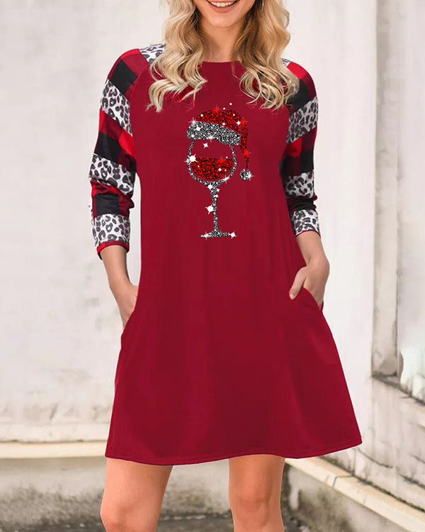 Round Neck Christmas Wine Glass Stitching Plaid Double Pocket Dress