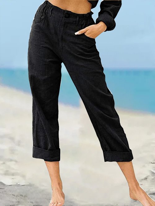 Solid Color Fashion Loose High Waist Casual Cotton Linen Trousers