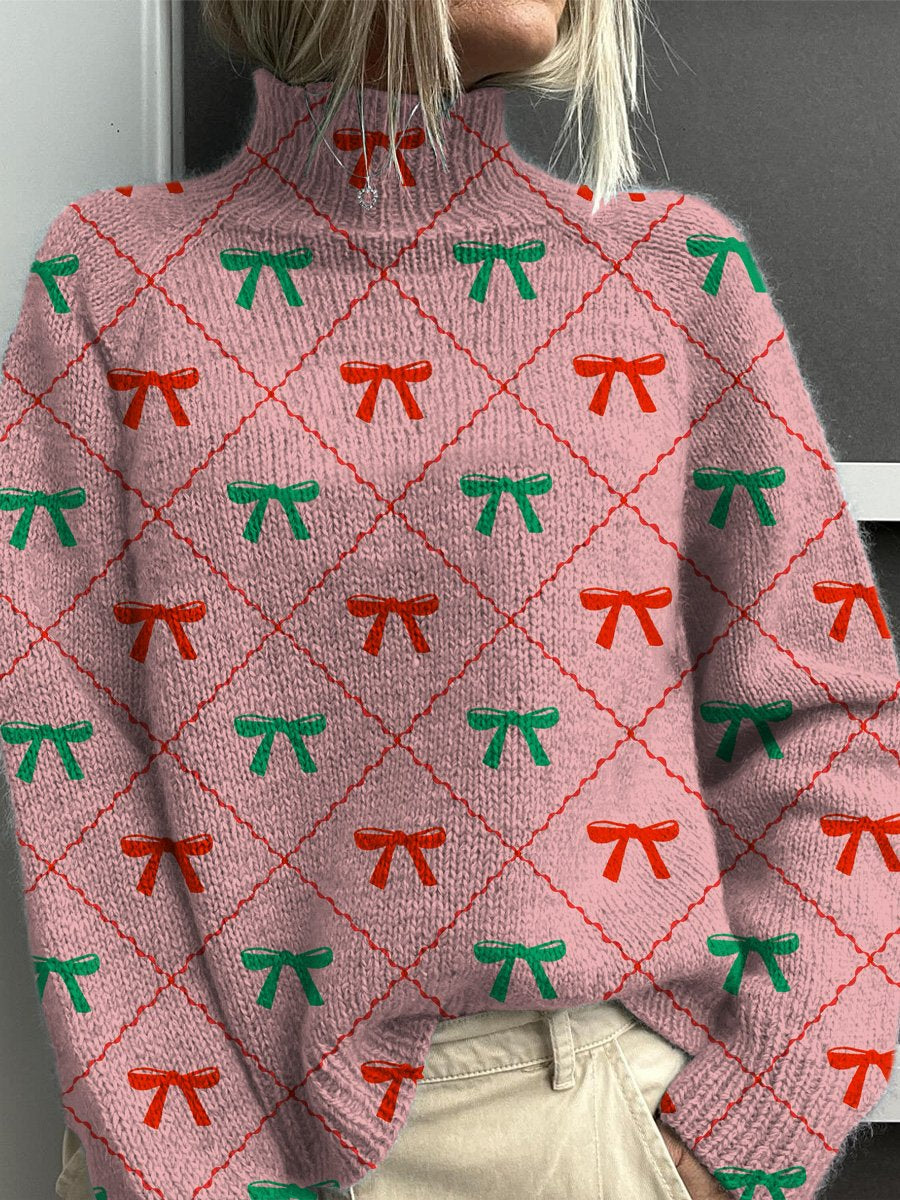 Lovely Christmas Ribbon Pattern Printed Knit Turtleneck Pullover Sweater