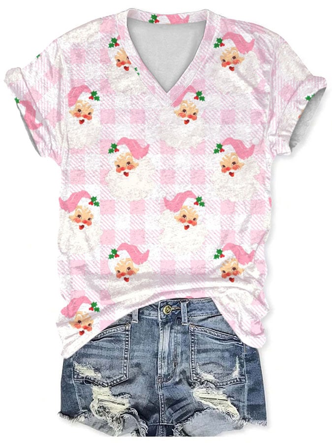 V-Neck Pink Santa Claus And Plaid Print T-Shirt