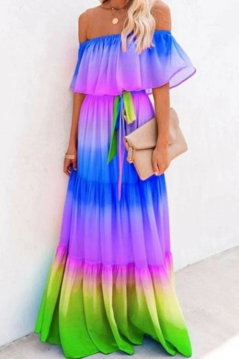 Allover Print Belted Ruffle Hem Maxi Dress