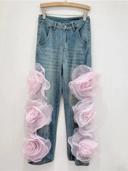 3D Flowers High Waist Jeans