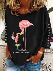 Christmas Colorful Lights Flamingo Holiday Long-Sleeve Top