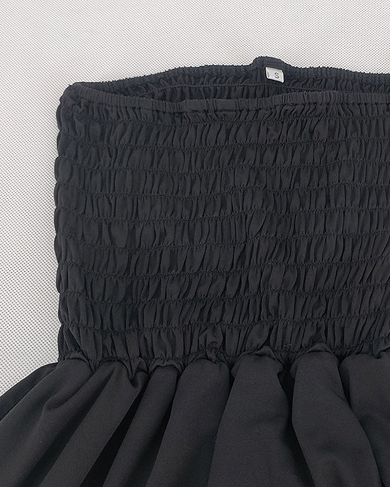 Shirred Panel Fringe Hem Strapless Dress