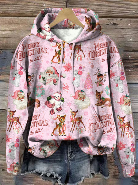 Retro Pink Christmas Print Hooded Sweatshirt