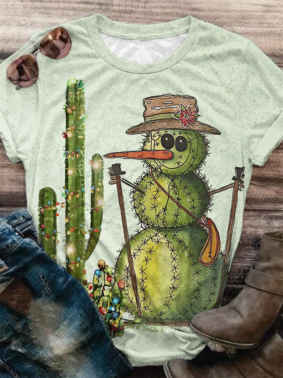 Cactus Snowman Print Crew Neck T-Shirt