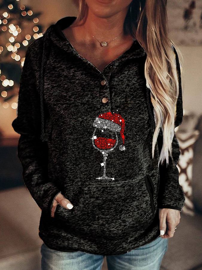 Christmas Wine Glass Print Pocket Hoodie