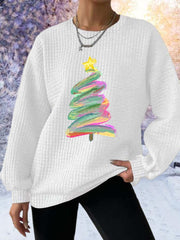 Oil Painting Christmas Tree Print Waffle Sweatshirt