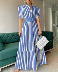 Striped Button Front Puff Sleeve Shirt Dress