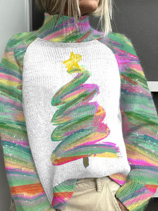Lovely Christmas Tree Art Print Knit Turtleneck Pullover Sweater