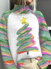 Lovely Christmas Tree Art Print Knit Turtleneck Pullover Sweater