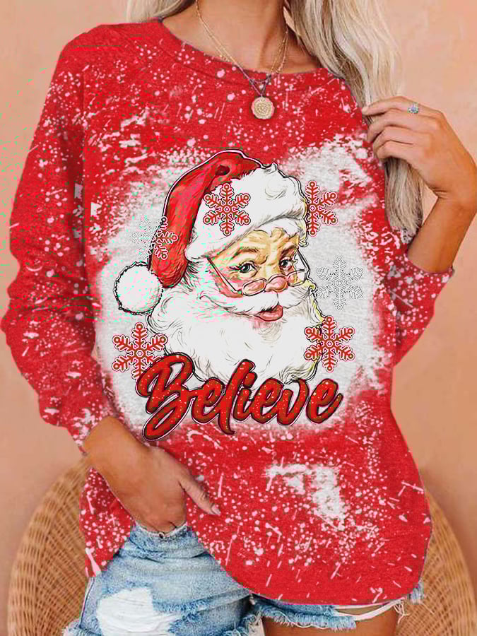 Believe Christmas Santa Claus Bleach Print Sweatshirt