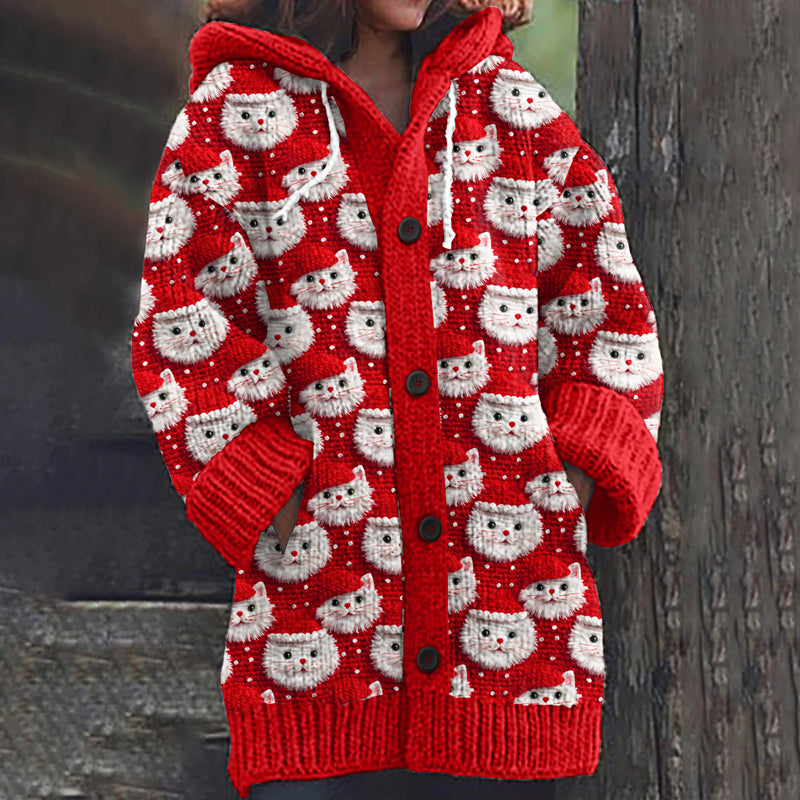 Cute Christmas Cat Print Knitted Hooded Cardigan