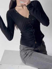 Solid Ribbed V Neck Twist Front Long Sleeve Knit