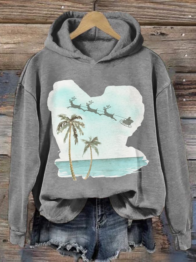 Retro Florida Merry Christmas Beach Palm Tree Print Hoodie