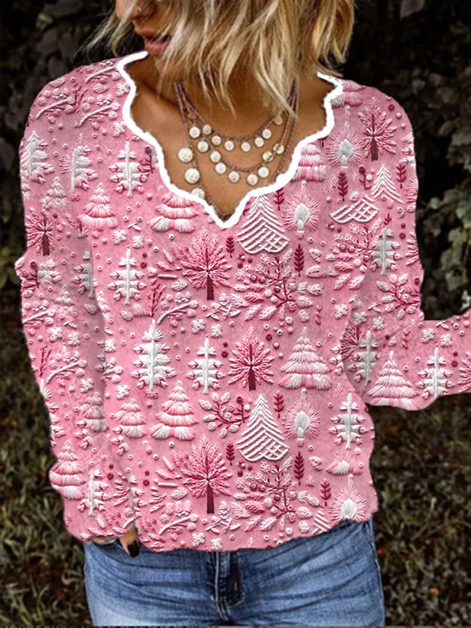 Women's Christmas Pink Christmas Print V-Neck Top